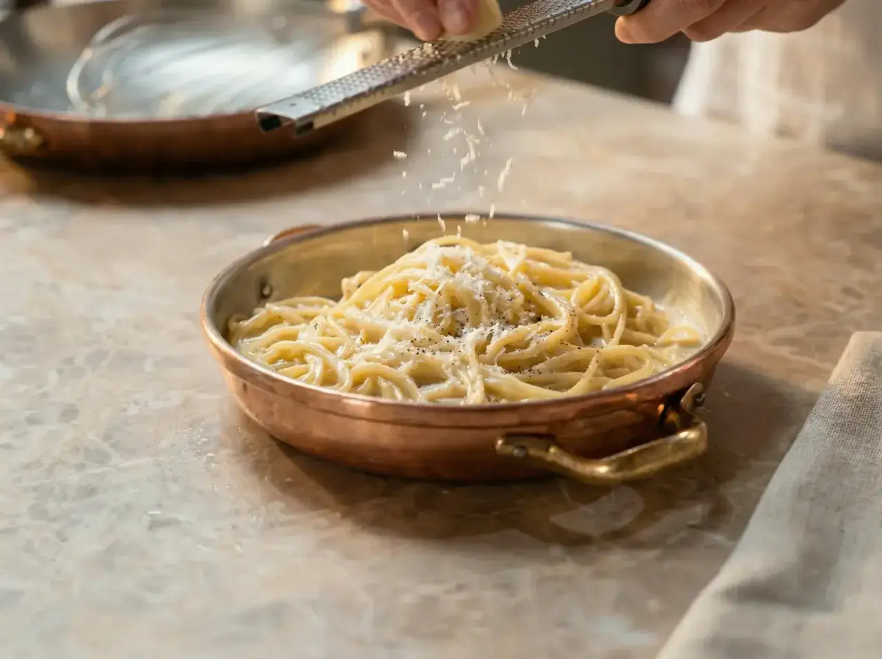 Spaghetti mit cremiger Sauce und frisch geriebenem Käse, ein klassisches Cacio e Pepe.