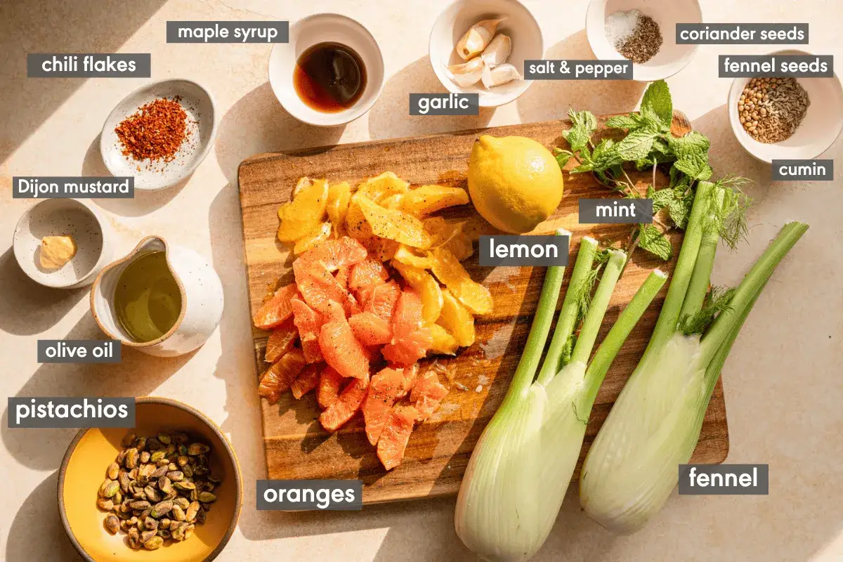 Zutaten f&uuml;r einen Fenchel-Orangen-Salat: Fenchel, Orangen, Zitrone, Minze, Oliven&ouml;l, Pistazien, Knoblauch, Chili-Flocken, Ahornsirup, Senf, Koriander, Kreuzk&uuml;mmel, Salz & Pfeffer.