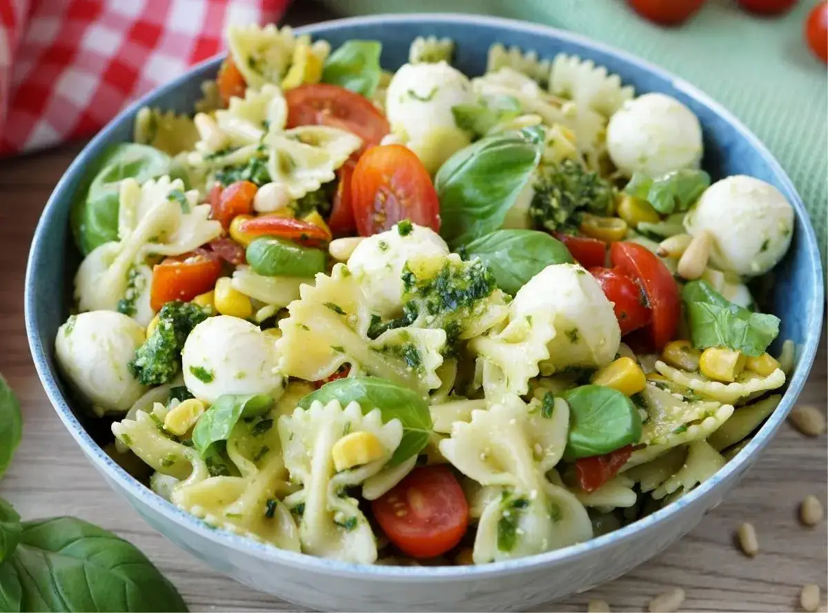 Ein bunter Nudelsalat mit Farfalle, Mozzarella-Kugeln, Kirschtomaten, Mais und frischem Basilikum, verfeinert mit einem aromatischen Pesto.