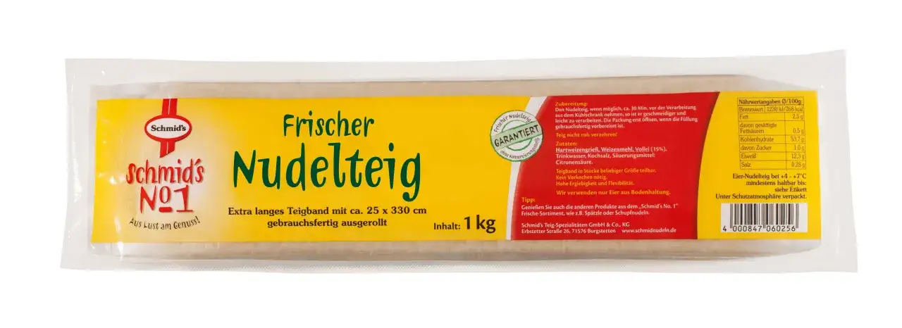 Frischer Nudelteig von Schmid's, gebrauchsfertig ausgerollt. F&uuml;r beste Ergebnisse den nudelteig ruhen lassen.
