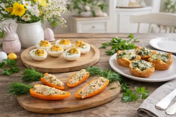 Leckere Vorspeise Ostern: Gefüllte Paprika, gefüllte Eier und herzhafte Törtchen auf einem Holztisch, dekoriert mit Kräutern und Osterhasen.