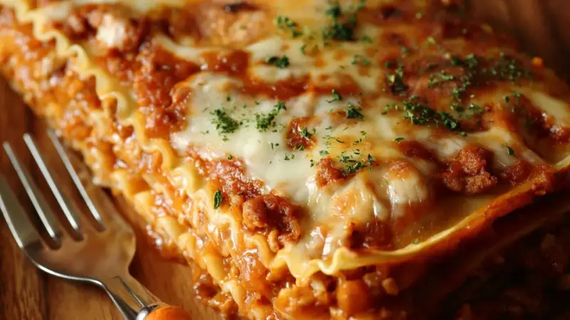 Ein Stück Lasagne mit Hackfleisch, geschmolzenem Käse und Kräutern. Perfekt für ein leckeres Lasagne Rezept mit Hackfleisch.